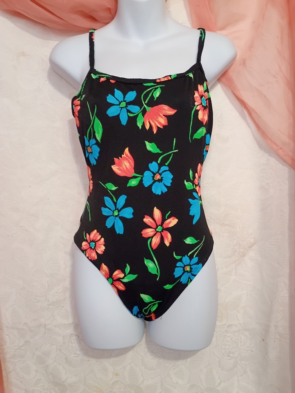 Liz Claiborne Black One-Piece Swimsuit with Blue, Coral & Green Floral Print